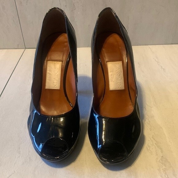 Lanvin Women's 4" Heel Black Patent Leather Platform Peep Toe Pump Heel Size 7 - Picture 3 of 12